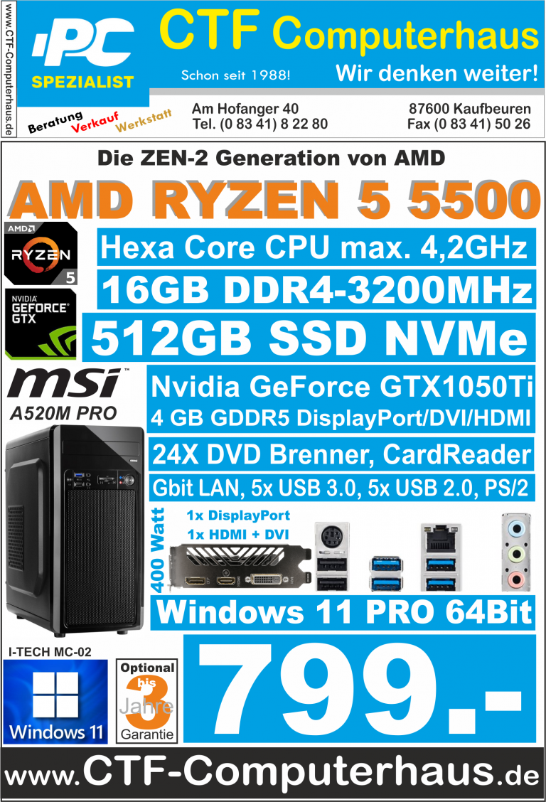 PCS AMD Ryzen 5 5500 ASRock A520M PRO 16Gd4 GTX1050Ti-4GB ssd512 W11pro