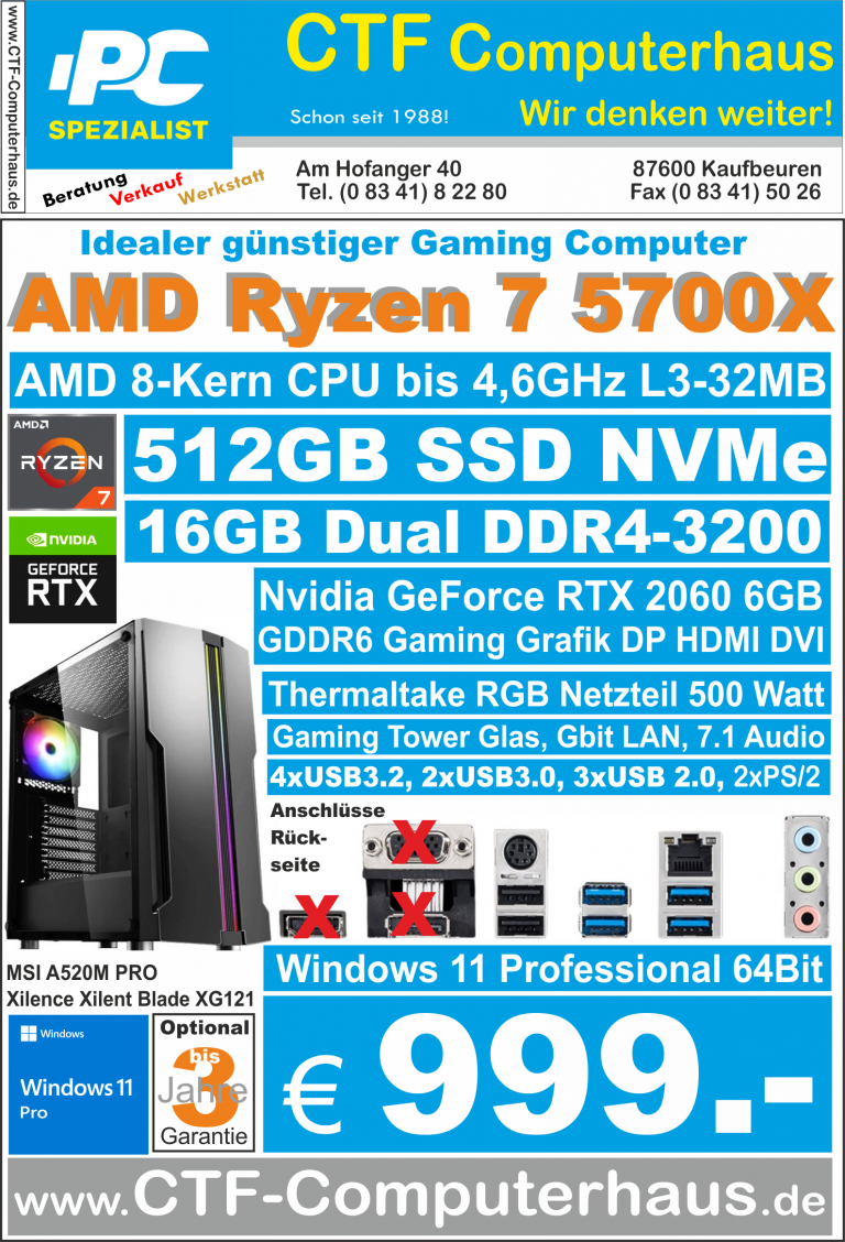 PCS AMD Ryzen 7 5700X B450M Gaming ssd512GBnvme 16G W11pro XilenceRGB