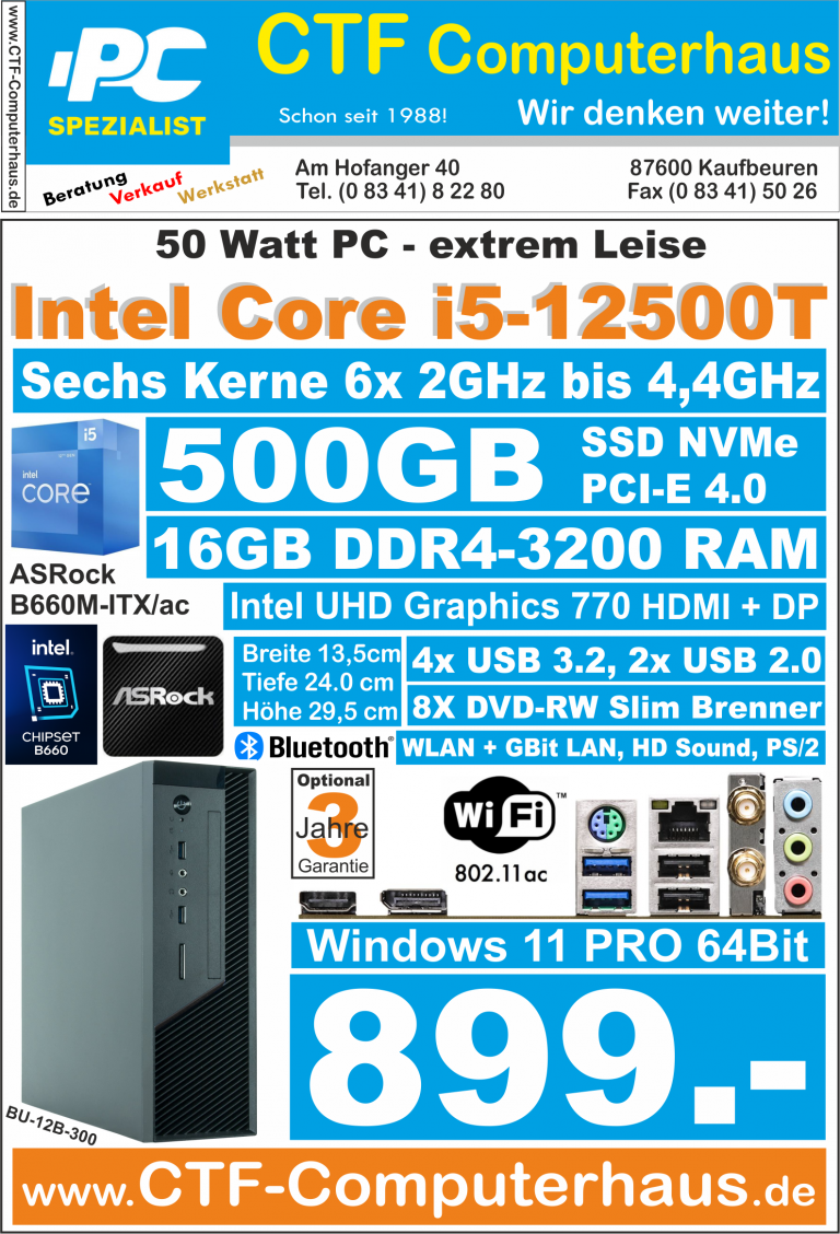 PCS Intel Core i5-12500T Asrock B660M-ITXac 16G4 512GB W11Pro BU-12B-300