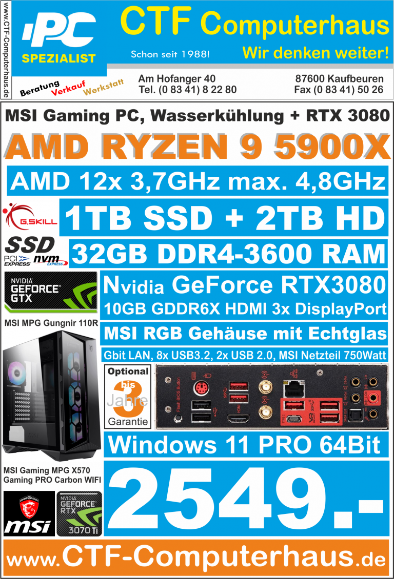 PCS MSI AMD Ryzen 9 5900X X570 Gaming PRO Carbon Wifi 32GB RTX3080-10GB W11Pro