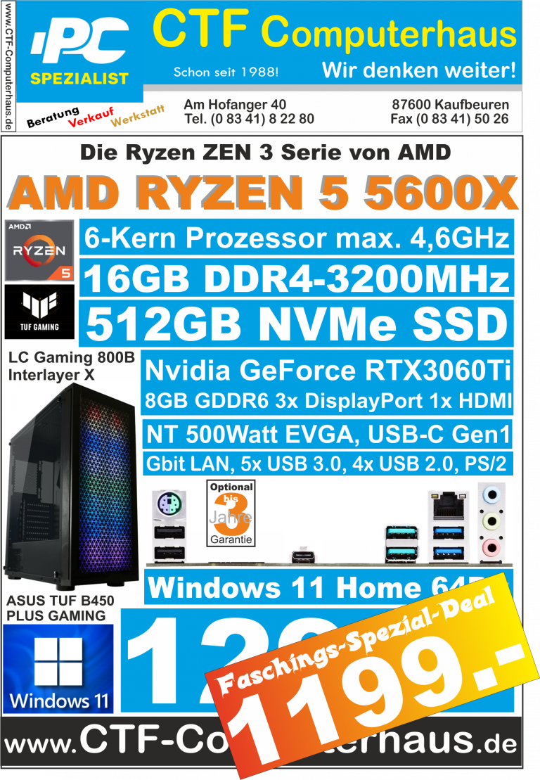 PCS AMD Ryzen 5 5600X Asus TUF B450 Plus Gaming 16Gd4 RTX3060Ti-8GB ssd512 W11Home