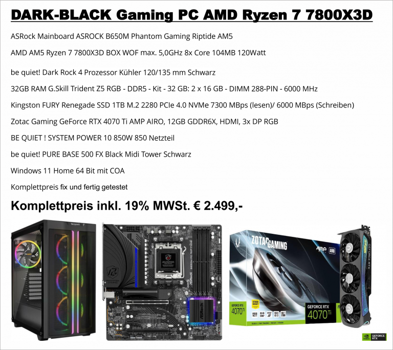 Angebot AMD Ryzen 7 7800X3D BeQuiet 32GB BLACK 4070Ti