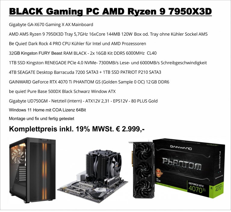 Angebot AMD Ryzen 9 7950X3D BeQuiet 32GB BLACK