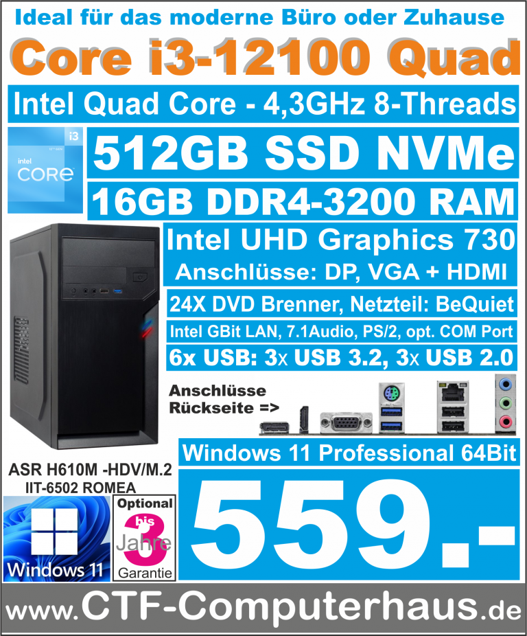 PCS Intel Core-i3 12100 SOHO H610M HDVm.2 512GB 16G W11pro IT-6502Romea