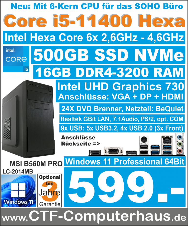 PCS Intel Core-i5 11400 SOHO MSI B560M PRO 16G W11pro LC-2014MB