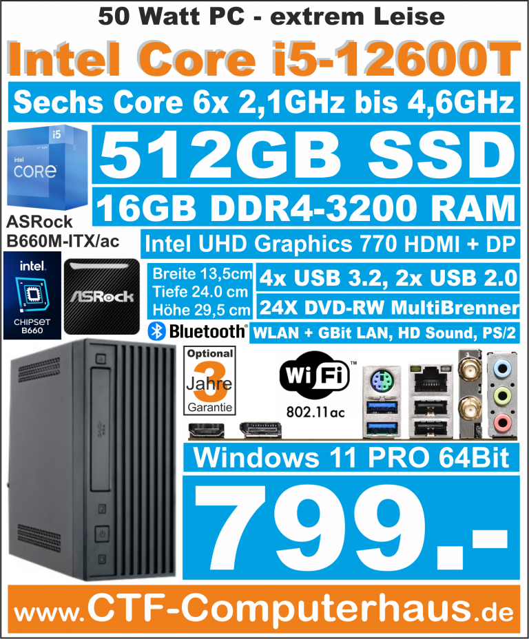 PCS Intel Core i5-12600T Asrock B660M-ITXac 16G4 512GB W11Pro BT-02B-U3
