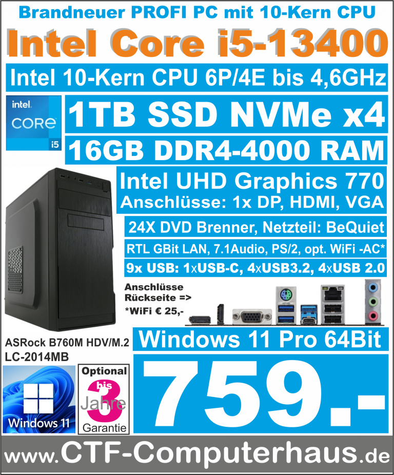 PCS Intel Core-i5 13400 SOHO B760M-HDVm.2D4 16G 1TB W11pro LC-2014MB