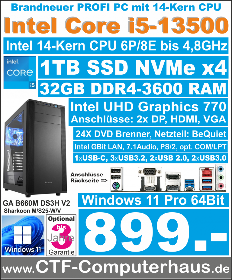 PCS Intel Core-i5 13500 SOHO B660M DS3H 32G 1TB W11pro Sharkoon M25-W