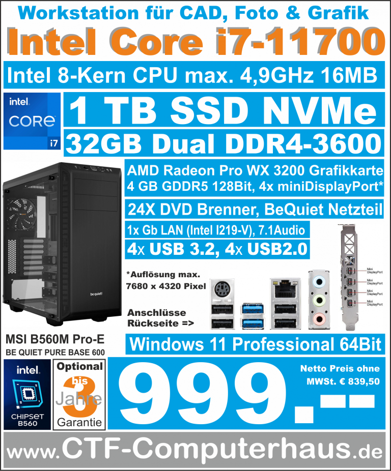 PCS Intel Core-i7 11700 SOHO MSI B560M Pro-E ssd1TBnvme 32G W11pro PureBase600