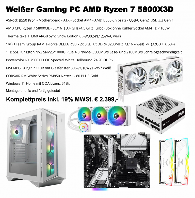 Angebot AMD Ryzen 7 5800X3D MSI Gungnir Weiß 16GB Wasser