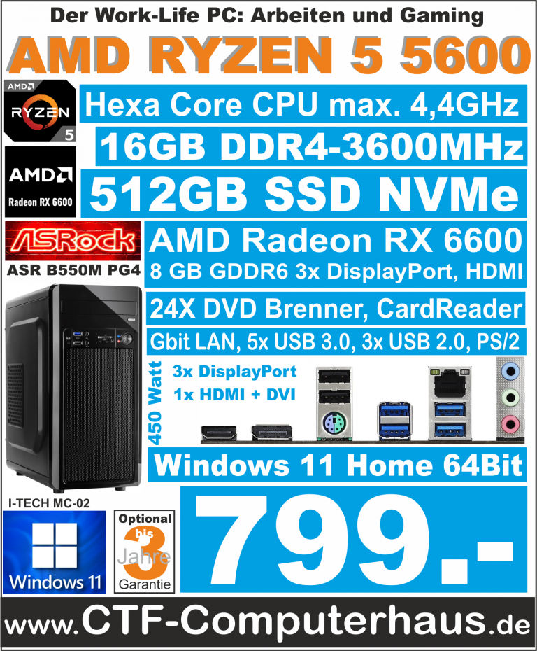 PCS AMD Ryzen 5 5600 ASRock B550M PG4 16Gd4 RX6600 8GB ssd512 W11Home