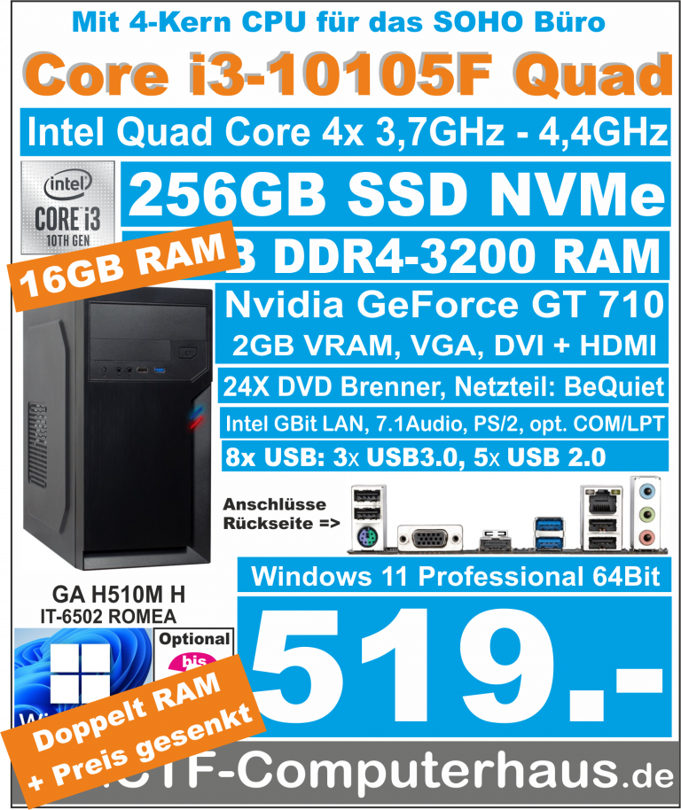 PCS Intel Core-i3 10105F SOHO H510M H GF710-2G 16G W11pro Romea