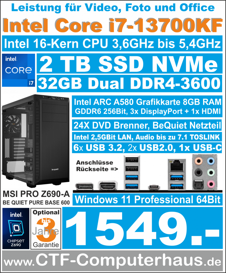 PCS Intel Core-i7 13700KF SOHO MSI PRO Z690-A Intel ARC A580 ssd2TBnvme 32G W11pro PureBase600