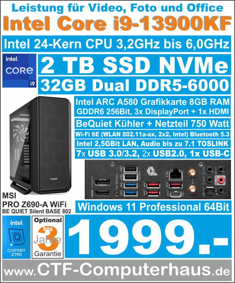 PCS Intel Core-i9 13900KF SOHO MSI PRO Z790-A wifi Intel ARC A580 ssd2TBnvme 32G W11pro SilentBase802