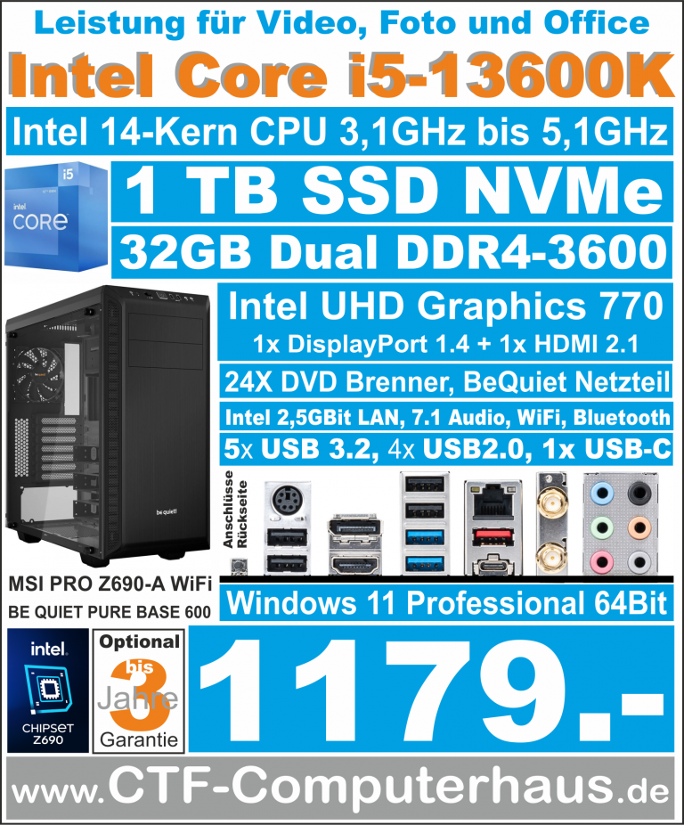 PCS Intel Core-i5 13600K SOHO MSI PRO Z690-A WiFi Intel UHD ssd1TBnvme 32G W11pro PureBase600