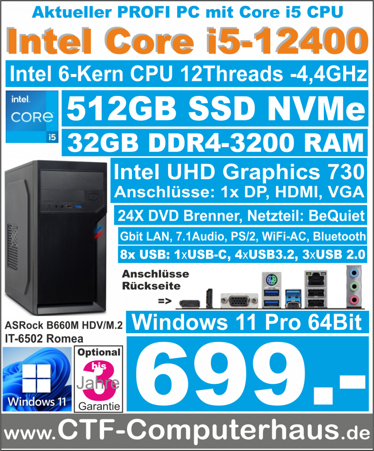 PCS Intel Core-i5 12400 SOHO B660M-HDVm.2D4 32G 512GB W11pro ROMEA