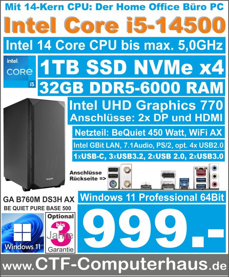 PCS Intel Core-i5 14500 SOHO B760M DS3H AX 32G W11pro BeQuiet PB500