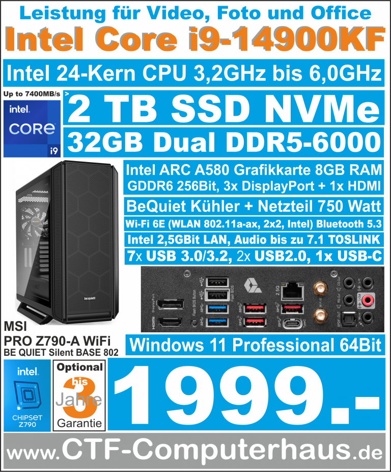 PCS Intel Core-i9 14900KF SOHO MSI PRO Z790-A wifi Intel ARC A580 ssd2TBnvme 32G W11pro SilentBase802