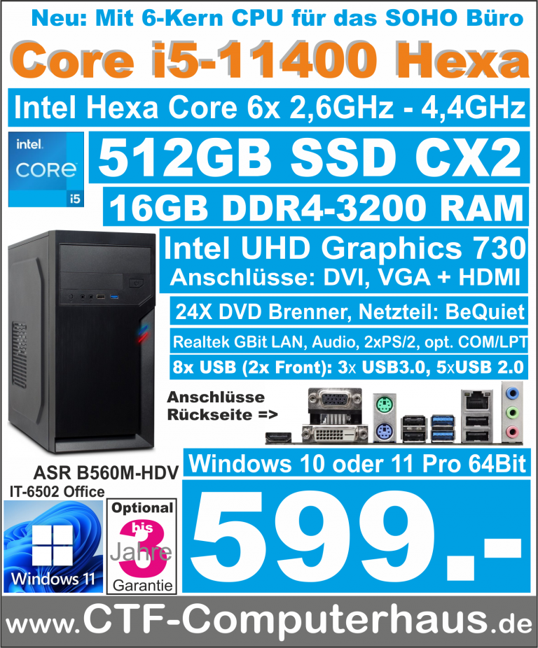 PCS Intel Core-i5 11400 SOHO ASRock B560M HDVS 16G W11pro IT-6502 SSD 512GB