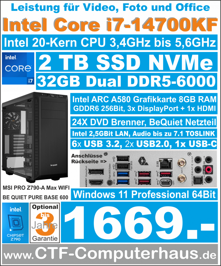 PCS Intel Core-i7 14700KF SOHO MSI PRO Z790-A MAX WiFi Intel ARC A580 ssd2TBnvme 32G W11pro PureBase600