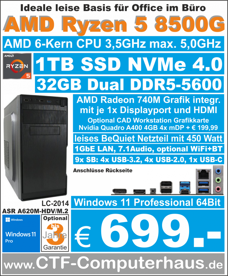 PCS AMD Ryzen 5 8500G SOHO A620M-HDV M.2 ssd1TBnvme 32G W11pro LC-2014