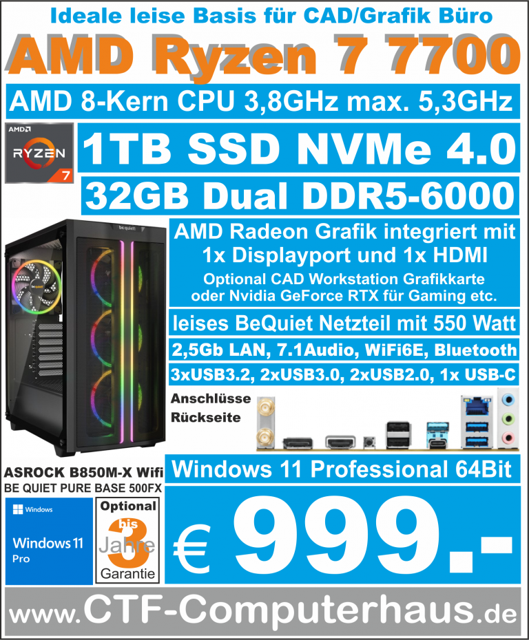 PCS AMD Ryzen 7 7700 SOHO ASR B850M-X WIFI ssd1TBnvme 32G W11pro PureBase500FX