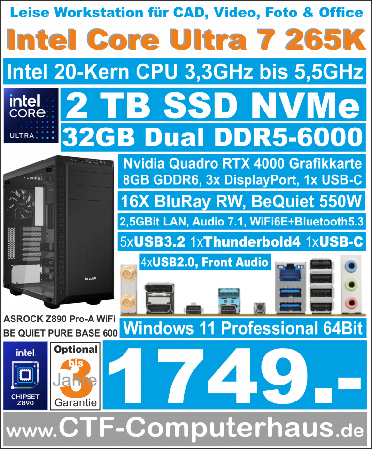 PCS Intel Core 7 Ultra 265K SOHO ASR Z890 Pro-A WiFi RTX-4000-8G ssd2TBnvme 32G W11pro PureBase600