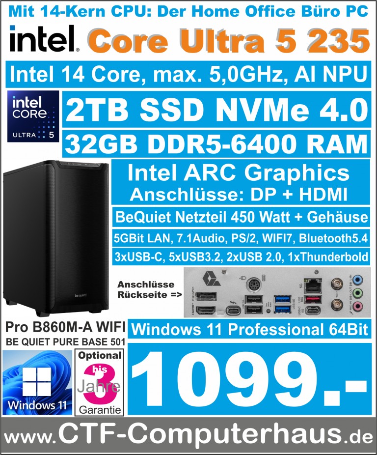 PCS Intel Core Ultra 5 235 SOHO MSI B860M-A WiFi 32G 6400 W11pro BeQuiet PB501