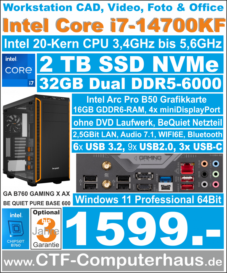 PCS Intel Core-i7 14700KF CAD GA-B760GamX-AX IntARC-B50-16G ssd2TBnvme 32G W11pro PureBase600orange