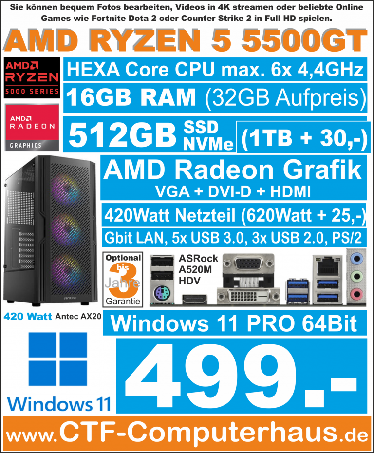 PCS AMD Ryzen 5 5500GT ASR A520M-HDV 16Gd4 ssd512 W11Pro RGB