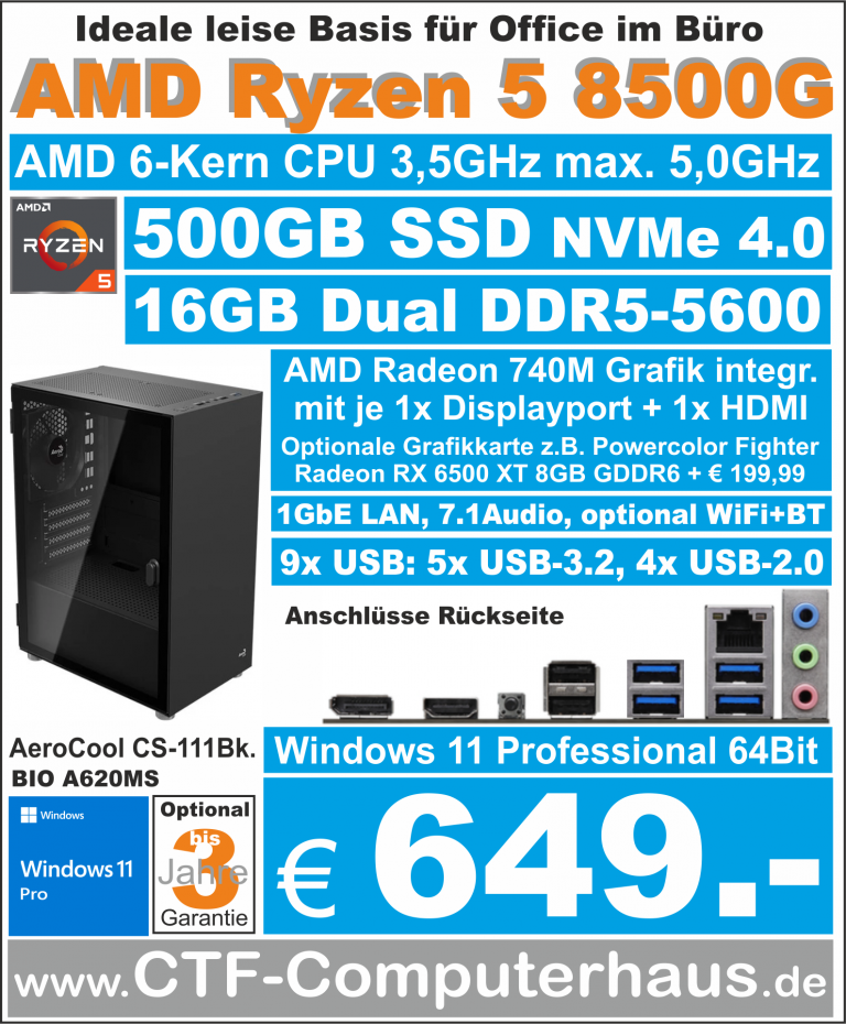 PCS AMD Ryzen 5 8500G SOHO BIO A620MS ssd 500GBnvme 16G W11pro CS-111 BK
