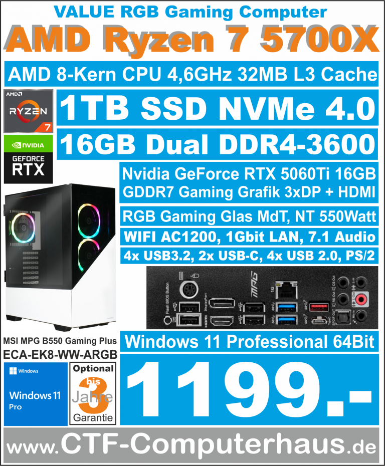 PCS AMD Ryzen 7 5700X MSI B550 Gaming Plus ssd1TBnvme 16G W11pro RGB Enermax RTX5060Ti16GB-WiFi