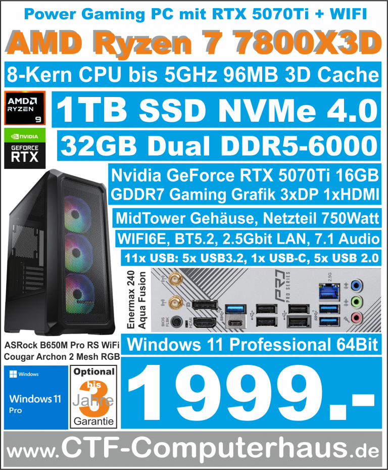 PCS AMD Ryzen 7 7800X3D ASRock B650M Pro RS WIFI ssd1TBnvme 32G W11pro RTX5070Ti16GB
