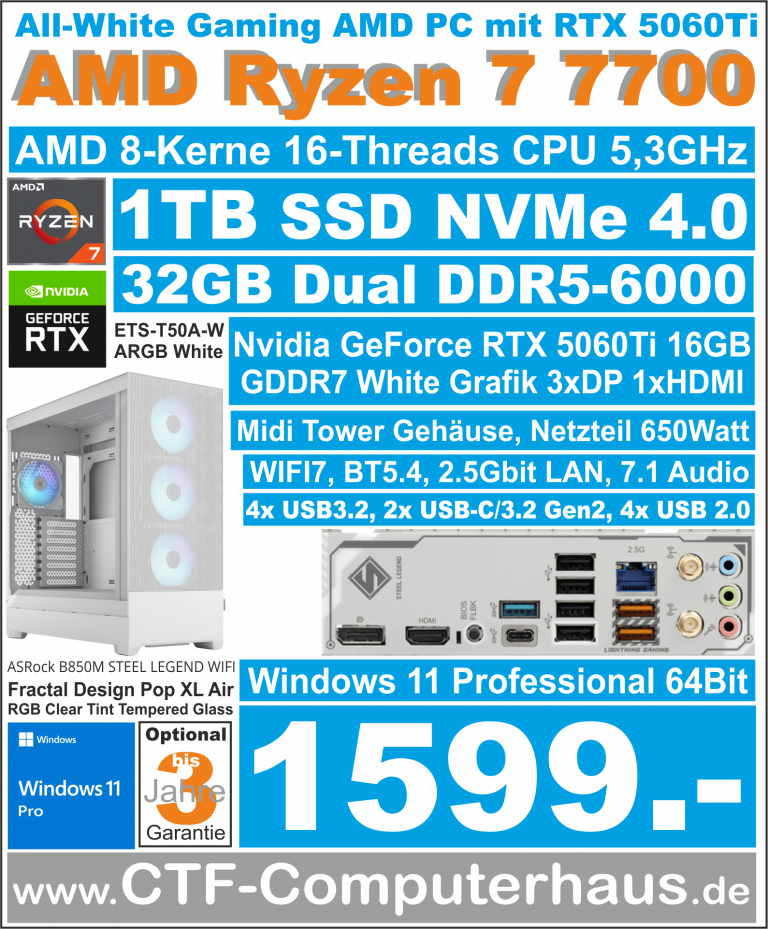 PCS AMD Ryzen 7 8700F 7700 ASR-B850M Steel-Legend WIFI7 ssd1TBnvme 32G W11pro Pop XL Air Wh RTX5060Ti-16GB