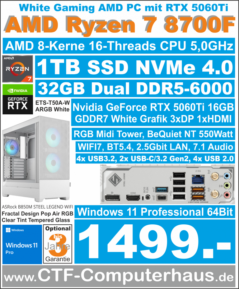 PCS AMD Ryzen 7 8700F ASR-B850M Steel-Legend WIFI7 ssd1TBnvme 32G W11pro Pop AirWh RTX5060Ti-16GB