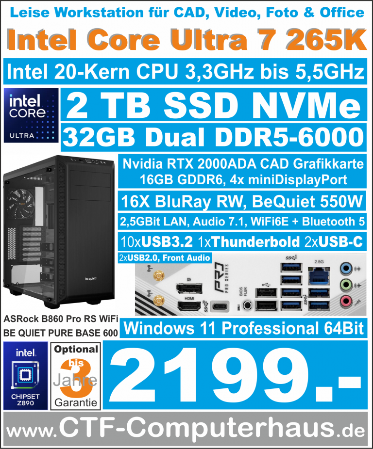 PCS Intel Core 7 Ultra 265K SOHO ASR B860 Pro-A WiFi RTX2000ada-16G ssd2TBnvme 32G W11pro PureBase600