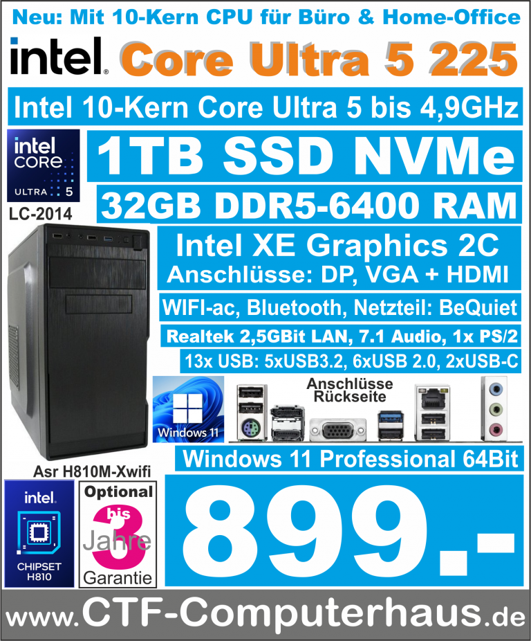 PCS Intel Core Ultra 5 225 SOHO ASR H810M-X wifi 32G-DDR5 W11pro LC2014 nvme1TB + Graugear USB-C
