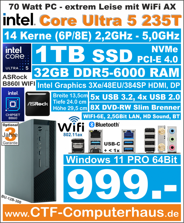 PCS Intel Core Ultra 5-235T Asrock B860I WIFI 32G5 1TB W11Pro BU-12B-300