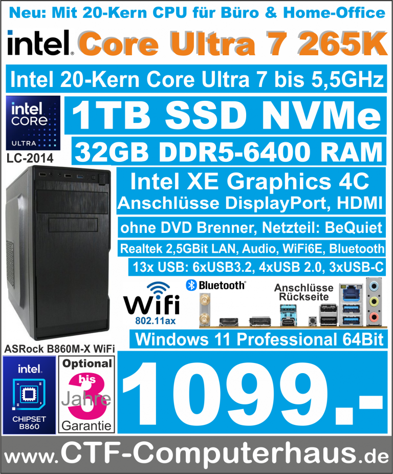 PCS Intel Core Ultra 7 265K SOHO ASR B860M-X WIFI 32G-DDR5 W11pro LC2014 nvme1TB ohne DVD + Graugear USB-C