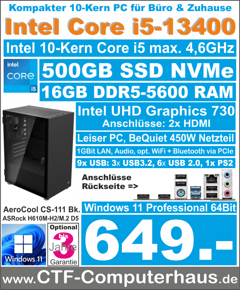 PCS Intel Core-i5 13400 SOHO ASRock H610M-H2m.2 16G-DDR5 W11pro CS-111-Bk nvme500GB