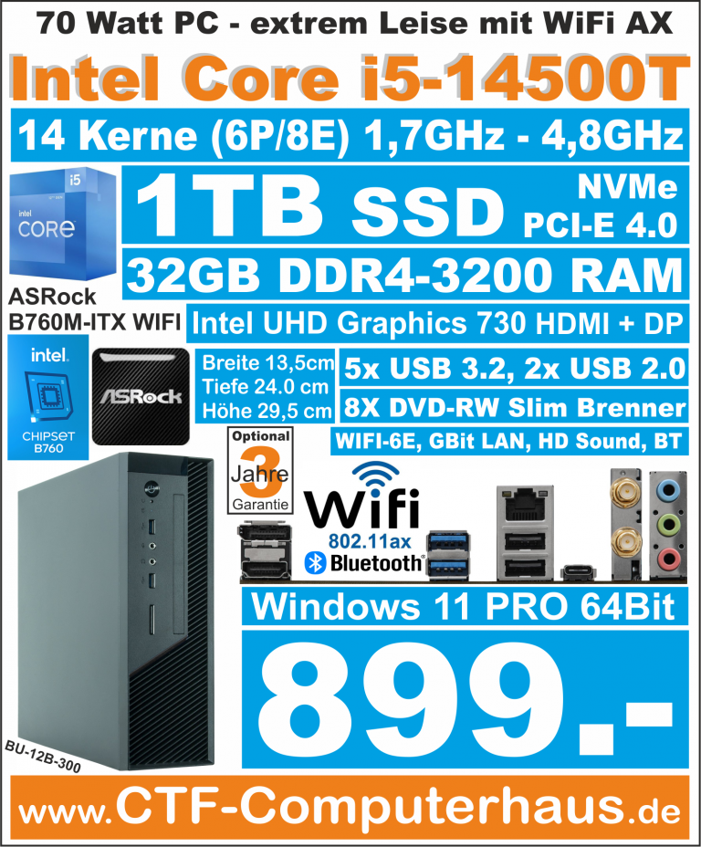 PCS Intel Core i5-14500T Asrock B760M-ITXac 32G4 1TB W11Pro BU-12B-300