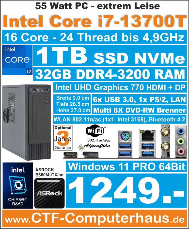 PCS Intel Core i7-13700T Asrock B660M-ITXac 32G4 1TB W11Pro chieftek