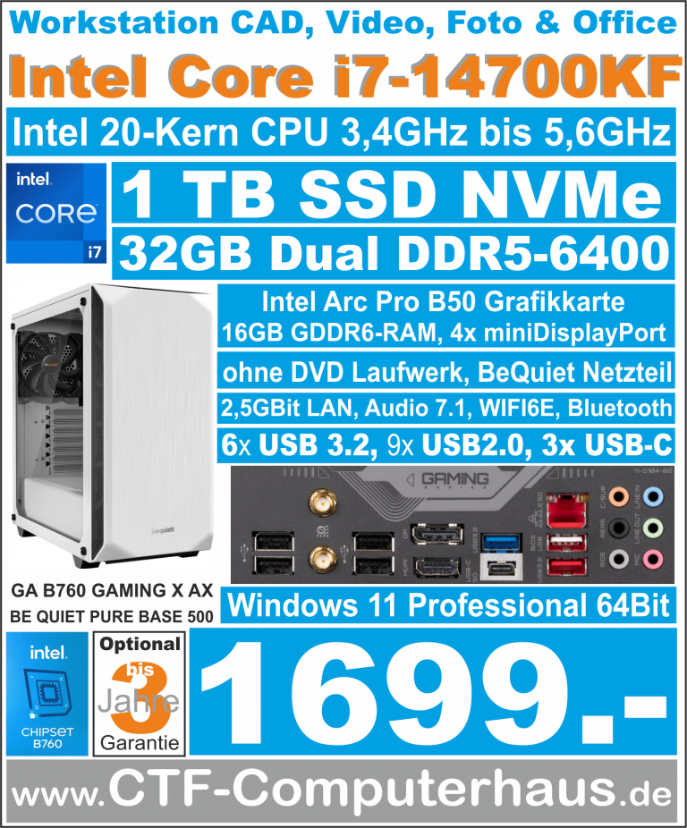 PCS Intel Core-i7 14700KF CAD GA-B760GamX-AX IntARC-B50-16G ssd1TBnvme 32G W11pro PureBase500White