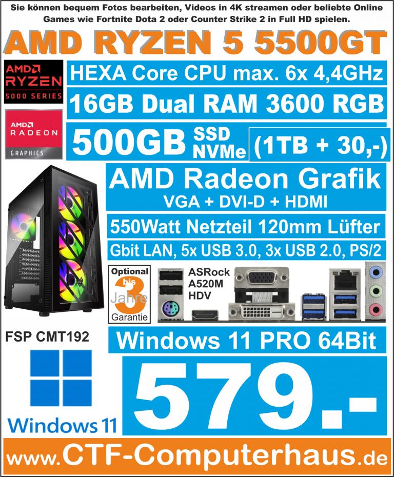 PCS AMD Ryzen 5 5500GT ASR A520M-HDV 16Gd4 ssd500 W11Pro FSP-RGB