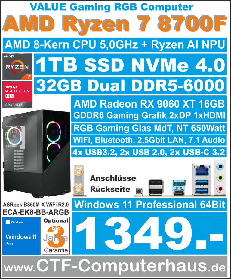 PCS AMD Ryzen 7 8700F ASrock X850M-Xwifi ssd1TBnvme 32G W11pro RGB Enermax RX9060XT16GB