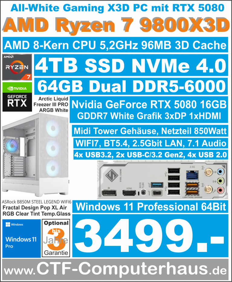 PCS AMD Ryzen 7 9800X3D ASR-B850M Steel-Legend WIFI7 ssd4TBnvme 64G W11pro PopXLAirWh RTX5080-16GB