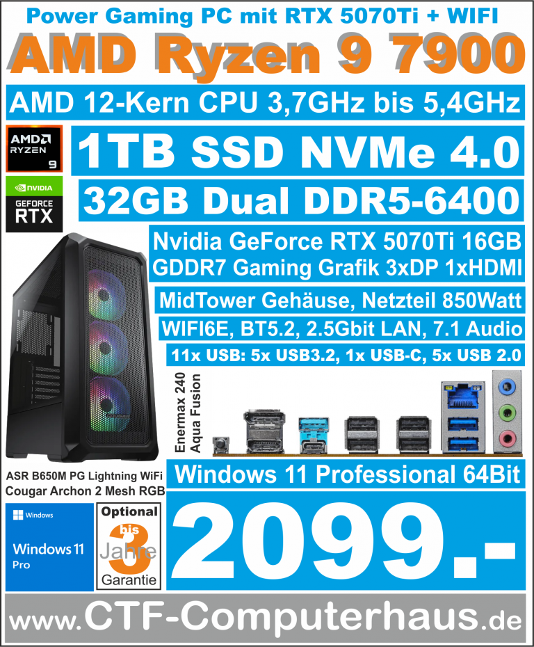 PCS AMD Ryzen 9 7900 ASRock B650M PG Lightning WIFI ssd1TBnvme 32G W11pro RTX5070Ti16GB