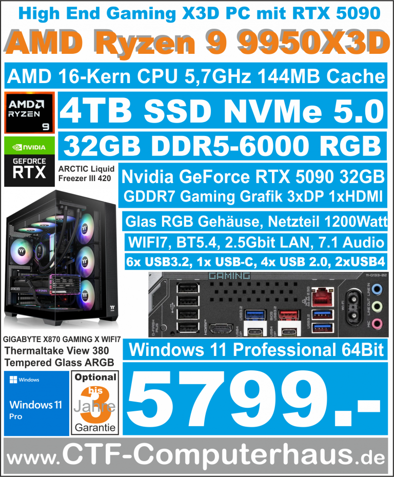 PCS AMD Ryzen 9 9950X3D GA X870 Gaming X WIFI7 ssd4TBnvme 32G W11pro TT-380TG RTX5090-32GB