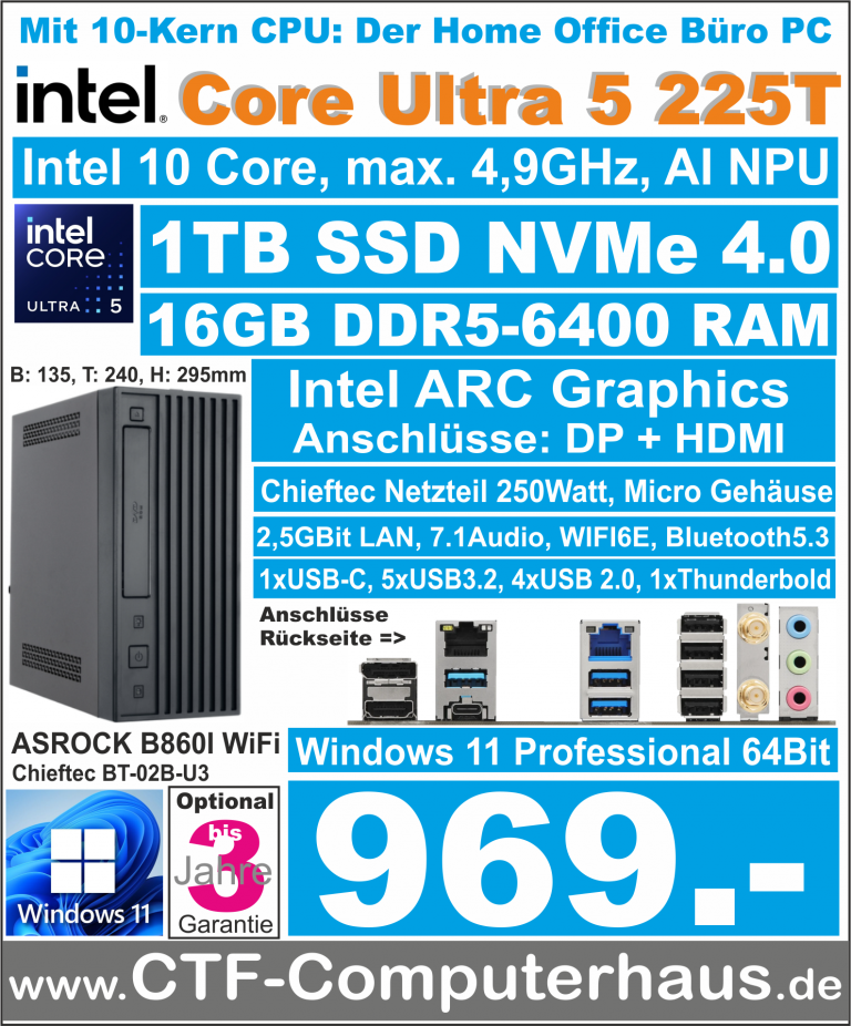 PCS Intel Core Ultra 5 225T SOHO ASR-B860I-ITXWiFi 16G 6400 W11pro Chieftek