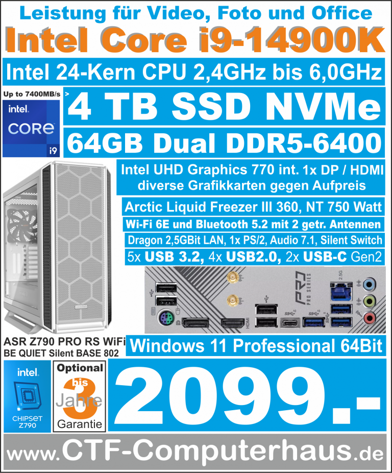 PCS Intel Core-i9 14900K SOHO ASR Z790 Pro RS Wifi oGrafik ssd4TBnvme 64G W11pro SilentBase802
